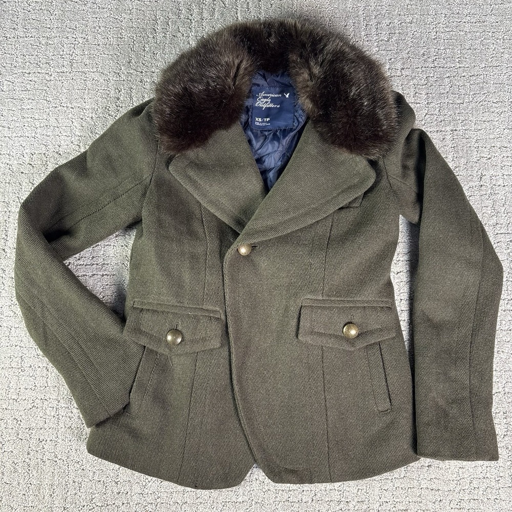 Vtg Y2K American Eagle Coat XS Green Military Tweed Wool Peacoat Fur Collar